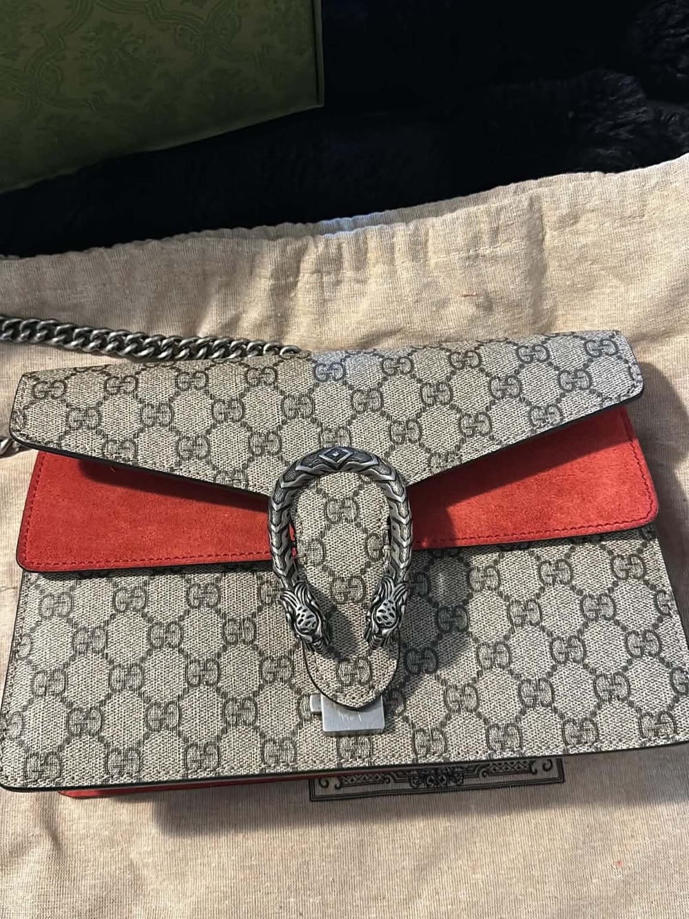 Gucci Dionysus GG Supreme Shoulder Bag in Beige and Red Suede